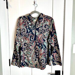 Chico's Navy Blue Bright Paisley Print Button-Up Preppy Collared No-Iron Top XL